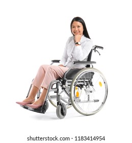 Asian Woman In Wheelchair On White Background