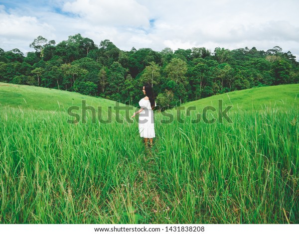 Asian Woman White Dress Stand Meadowgrass Stock Photo Edit Now