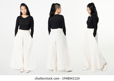 Asian Woman In White Palazzo Pants With Design Space Casual Wear Fashion Full Body