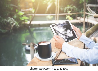 Asian Woman Work Outdoor Office Chill On Green Water Nature Park Concept For Girl Entrepreneur Working On Chic Laptop Table, Financial Freedom, Ecologist Student Use Internet In People Garden.