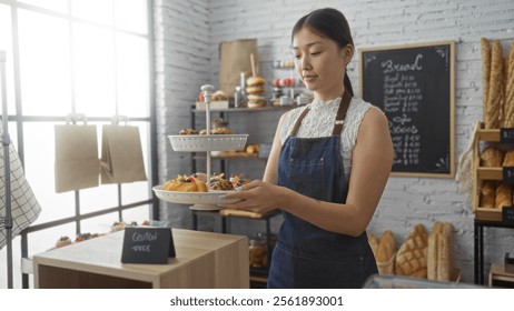 Asian woman working in a bakery in china arranging delicious pastries on a tray, surrounded by bread and baked goods in a cozy indoor setting with a welcoming atmosphere. - Powered by Shutterstock