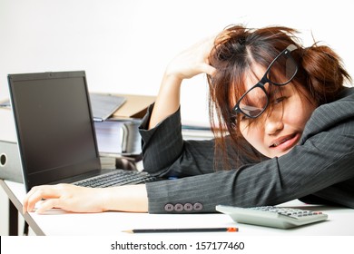 Asian woman working hard on white background