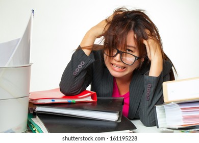 asian woman working hard on white background
