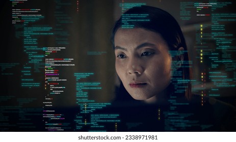 Asian woman working on a computer with binary code protection against cybersecurity threats. Increase the security of data access Programmers who develop software or applications using AI innovations.