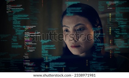 Asian woman working on a computer with binary code protection against cybersecurity threats. Increase the security of data access Programmers who develop software or applications using AI innovations.