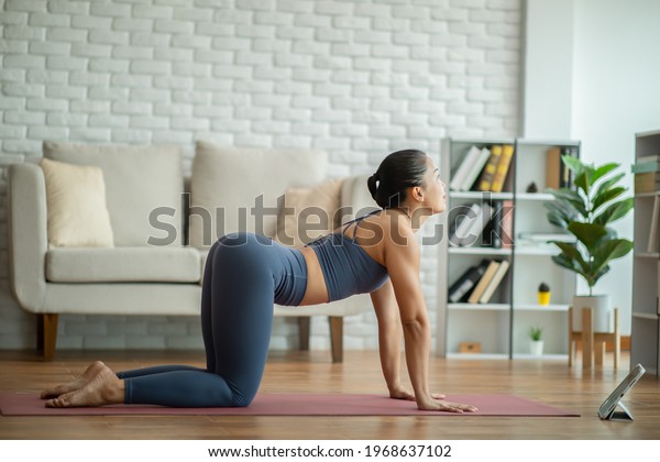 Asian woman workout in yoga class video\
conference online doing yoga cat cow pose with her friends in class\
isolation at home to meditation and relaxation due virus\
pandemic,Yoga online class\
concept