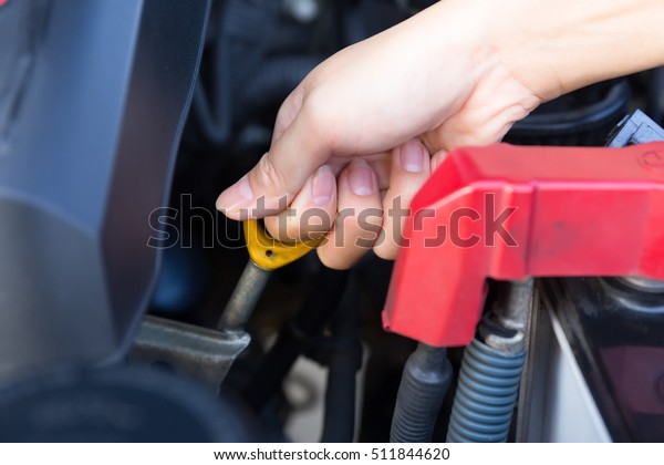 Asian woman\'s hand checking level of lubricant\
oil of car engine.