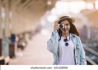 Asian Women Be Smile With Camera Travel Holiday Relaxation Concept , Vintage Style. 