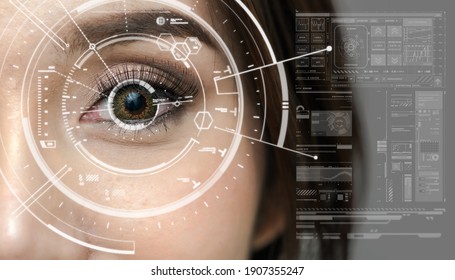 Asian women being futuristic vision, digital technology screen over the eye vision background, security and command in the accesses. surveillance and sefety concept