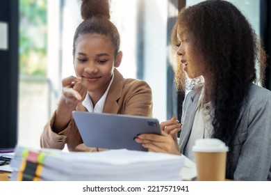 Asian Women Business People Discussing On Performance Revenue In Meeting. Businessman Working With Co-worker Team. Financial Adviser Analysing Data With Investor.