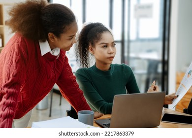 Asian Women Business People Discussing On Performance Revenue In Meeting. Businessman Working With Co-worker Team. Financial Adviser Analysing Data With Investor.