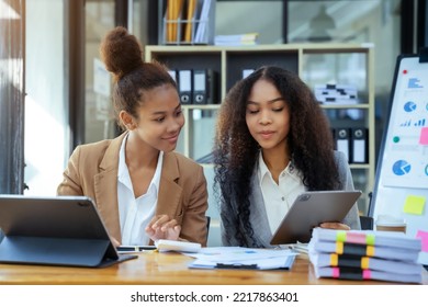 Asian Women Business People Discussing On Performance Revenue In Meeting. Businessman Working With Co-worker Team. Financial Adviser Analysing Data With Investor.