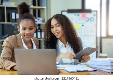 Asian Women Business People Discussing On Performance Revenue In Meeting. Businessman Working With Co-worker Team. Financial Adviser Analysing Data With Investor.