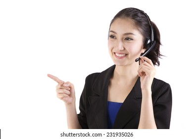 Asian Women Call Center With Phone Headset With White Background 