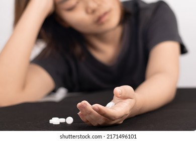 Asian Women Are Drug Addicts In Stress And Want To Quit, World Drug Day Concept. And International Day Against Drug Abuse And Illicit Trafficking