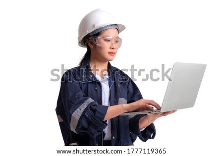 asian women engineer use laptop on white background