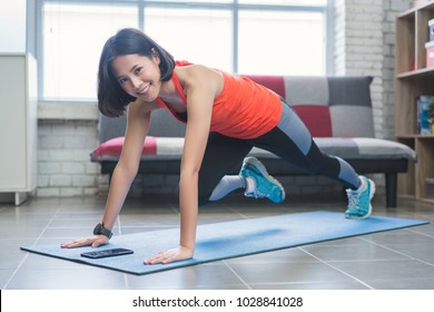 Asian Women Exercise Indoor At Home She Is Acted 