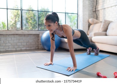 Asian Women Exercise Indoor At Home She Is Acted 