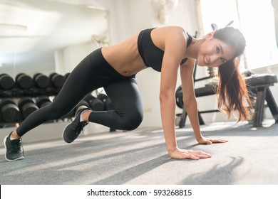 Asian Women Exercise Indoor At Home She Is Acted 