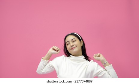 Asian Women Exercise And Sport Woman Stretch On Morning, Preparing For Workout On Pink Background