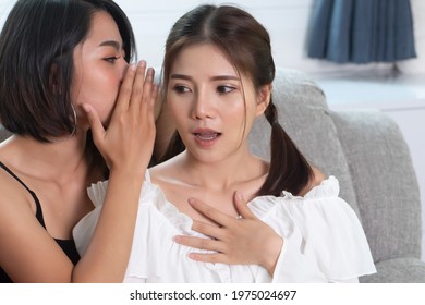 Asian Women Gossiping And Whispering, Concept Of Rumor, Gossip, Hearsay, Bad News, Social Media Network Fake News, News Update