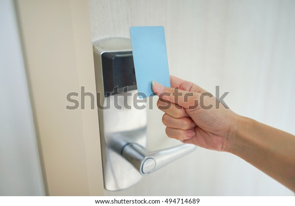 Asian Women Hand Hold Card Door Stock Photo Edit Now 494714689