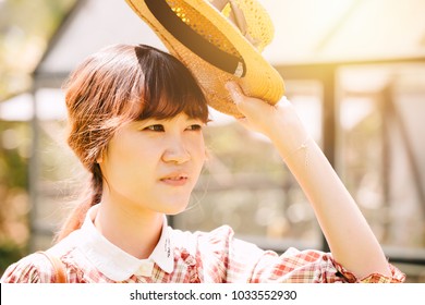 Asian Women Outdoor Damage Skin From Exposure High UV Sun Concept