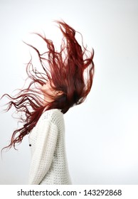 Asian Women With Red Color Long Hair In Modern Lifestyle Fashion