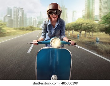 Asian Women Riding A Blue Scooter Along A City Street