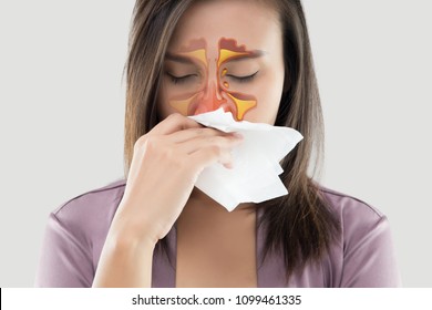 Asian women in satin robes feeling unwell and sinus against gray background. Dust allergies. Flu. People caught cold and allergy. - Shutterstock ID 1099461335