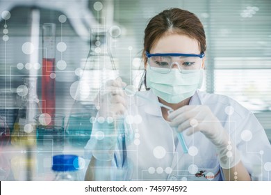 Asian Women Scientist With Test Tube Making Research In Clinical Laboratory.Science, Chemistry, Technology, Biology And People Concept