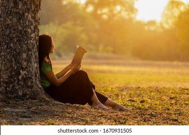 Asian women sitting Look at the sunset and read book under the tree.