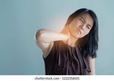 Asian Women Sore Neck , Girl Neck Pain On White Background
