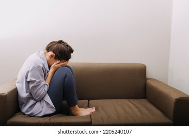 Asian Women With Stress, She Kept Herself Alone In Her Bedroom, Depression.