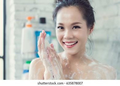 Asian Women Taking Shower Bathroom She Foto Stok 636321056 Shutterstock photo