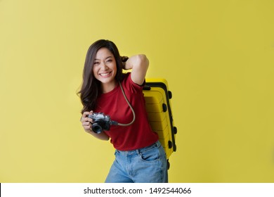 Asian Women Tourists She Is Excited To Travel.In The Studio