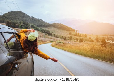 Asian Women Travel Relax In The Holiday. Driving A Car Traveling Happily.