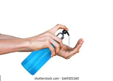 Asian Women Using Hands Press The Pump On The Hand Sanitizer Bottle Which Contains Alcohol. Until Causing The Blue Gel To Flow Out To Destroy All Types Of Viruses At Hand With White Background