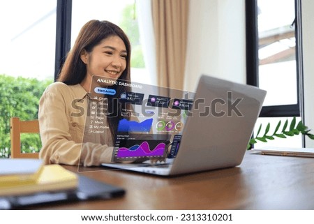 Asian women is using laptops to analysis the business with virtual analytic dashboard collect data and analytics for accurate precision customer in digital marketing. Online marketing global business