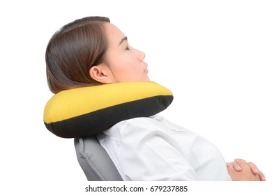 Asian Women Using Neck Pillow And Resting On Office Chair Isolated On White Background With Clipping Path