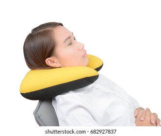 Asian Women Using Neck Pillow And Resting On Office Chair Isolated On White Background With Clipping Path