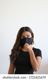 Asian Women Wearing DIY. Black Fabric Face Mask. Protect From Coronavirus, How To Wear Mask, 