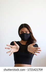 Asian Women Wearing DIY. Black Fabric Face Mask. Protect From Coronavirus, How To Wear Mask, 