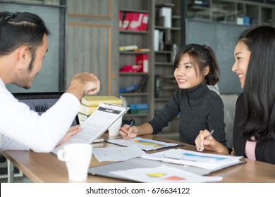 Asian Women Working At Reatuarant, Woman Interview Businessman For Working Job, Portrait Business Concept, 20-30 Year Old, Vintage Tone.