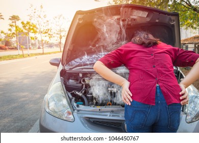 Asian Women Worry And Stress A Trouble With Car Engine Crash Overheat