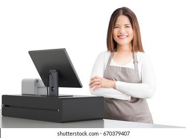 Asian Worker With 3d Rendering Cashier Desk On White Background