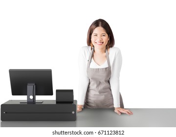 asian worker with cashier desk on white background
