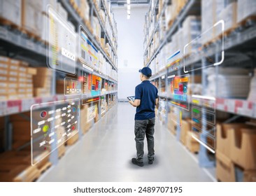 Asian worker or engineer in warehouse with stack of cardboard boxes - Powered by Shutterstock