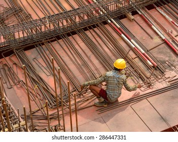 Asian Workers Working At The Construction Site In Yangon City, Myanmar.