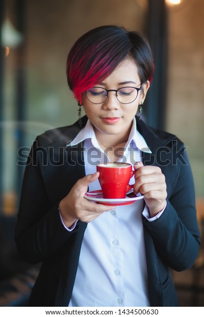 Asian Working Woman Purple Hair She People Food And Drink Stock